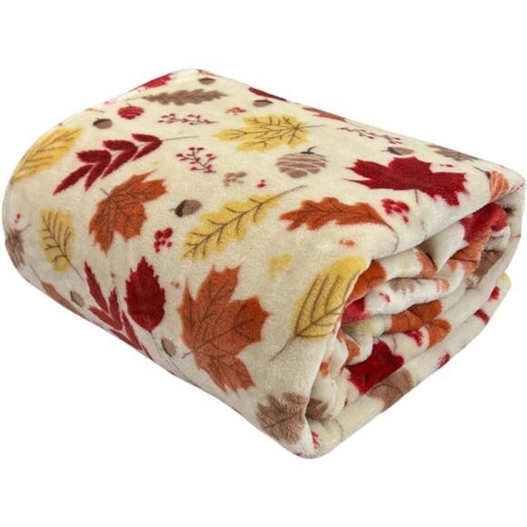 Fall Decor Throw Blanket - Soft & Warm w/ Autumn Leaves in Red, Yellow, Brown, - Picture 2 of 7
